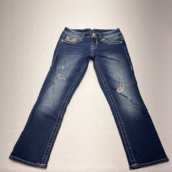 Vigoss Chelsea Capri Jeans Size 1/2 Length 23 Distressed Embellished Pockets - Picture 1 of 8